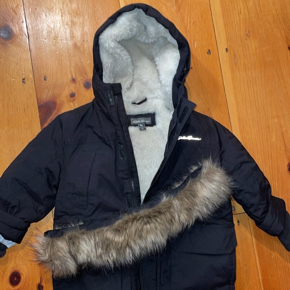 Eddie Bauer Down Coat Black Parka Jacket Faux Fur Trim Hood Waterproof 4 Kids - Picture 14 of 14